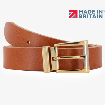 Front view of Tan womens signature frame leather belt on agrey background