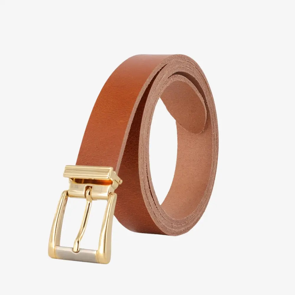  Tan womens signature frame leather belt on agrey background