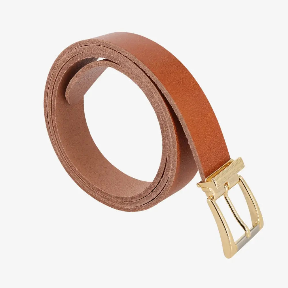  Tan womens signature frame leather belt on agrey background