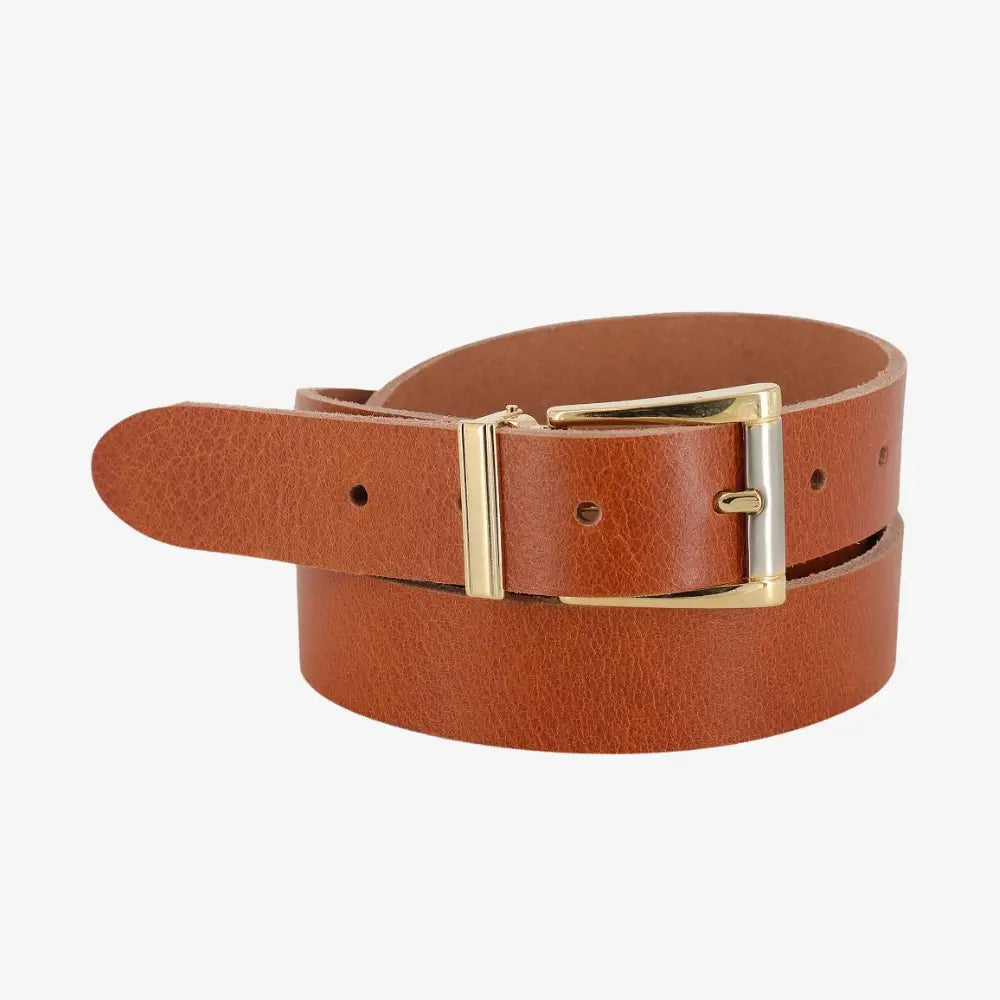 Tan womens signature frame leather belt on a grey background