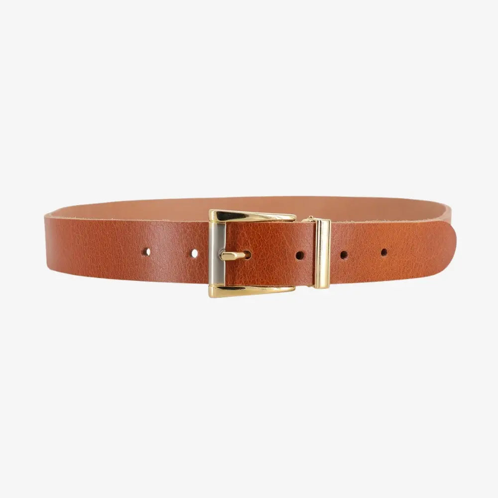 Full length view of Tan leather belt with a gold buckle on a white background