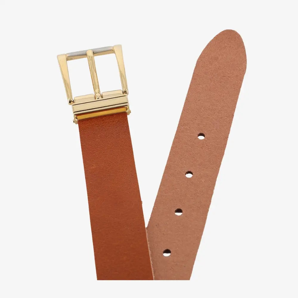 Top angle view of  Tan womens signature frame leather belt on agrey background
