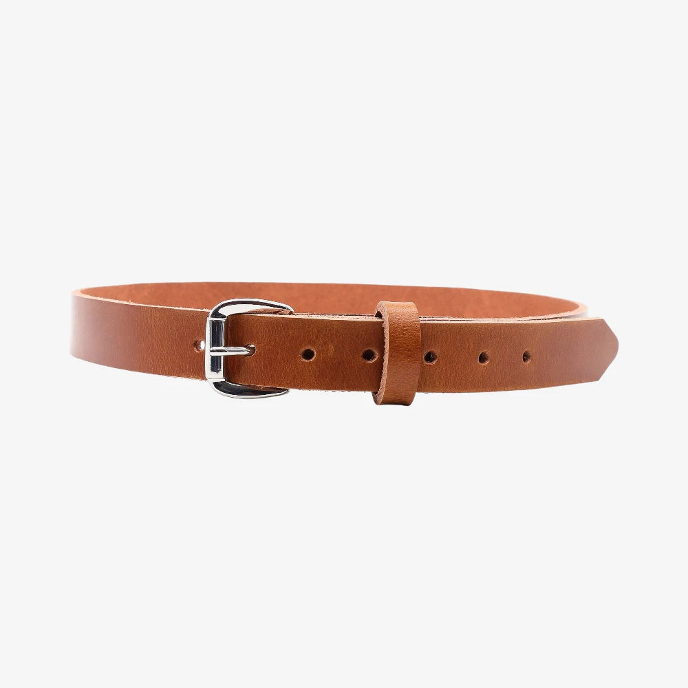 Full width view of Tan  leather belt with a silver buckle on a white background