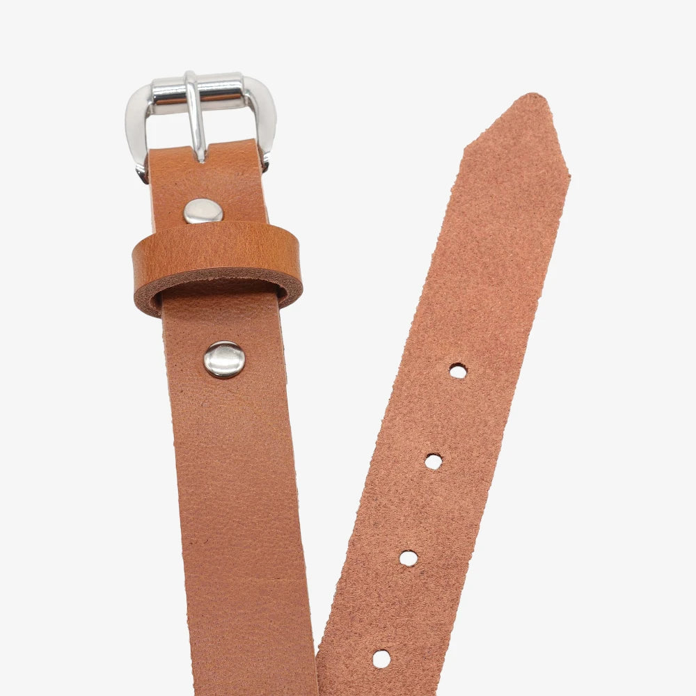 Top angle view of Tan leather strap with silver buckle on a white background