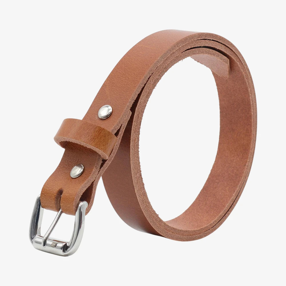 Tan leather belt with silver buckle on a white background