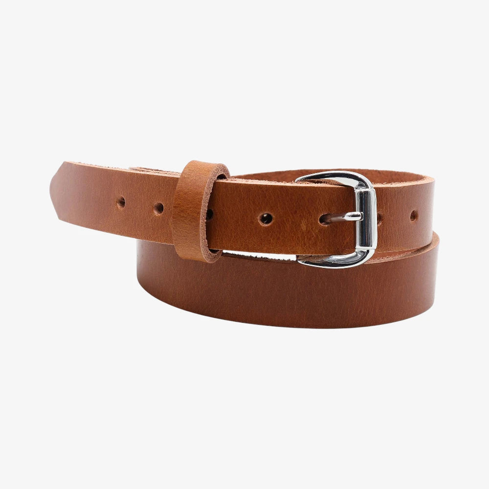 Tan leather belt with a silver buckle on a white background