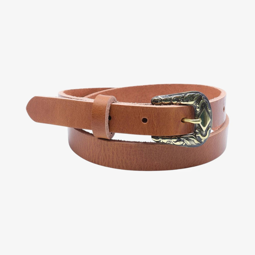 Front view of Brown leather women slim belt antique brass horse buckle on a grey background
