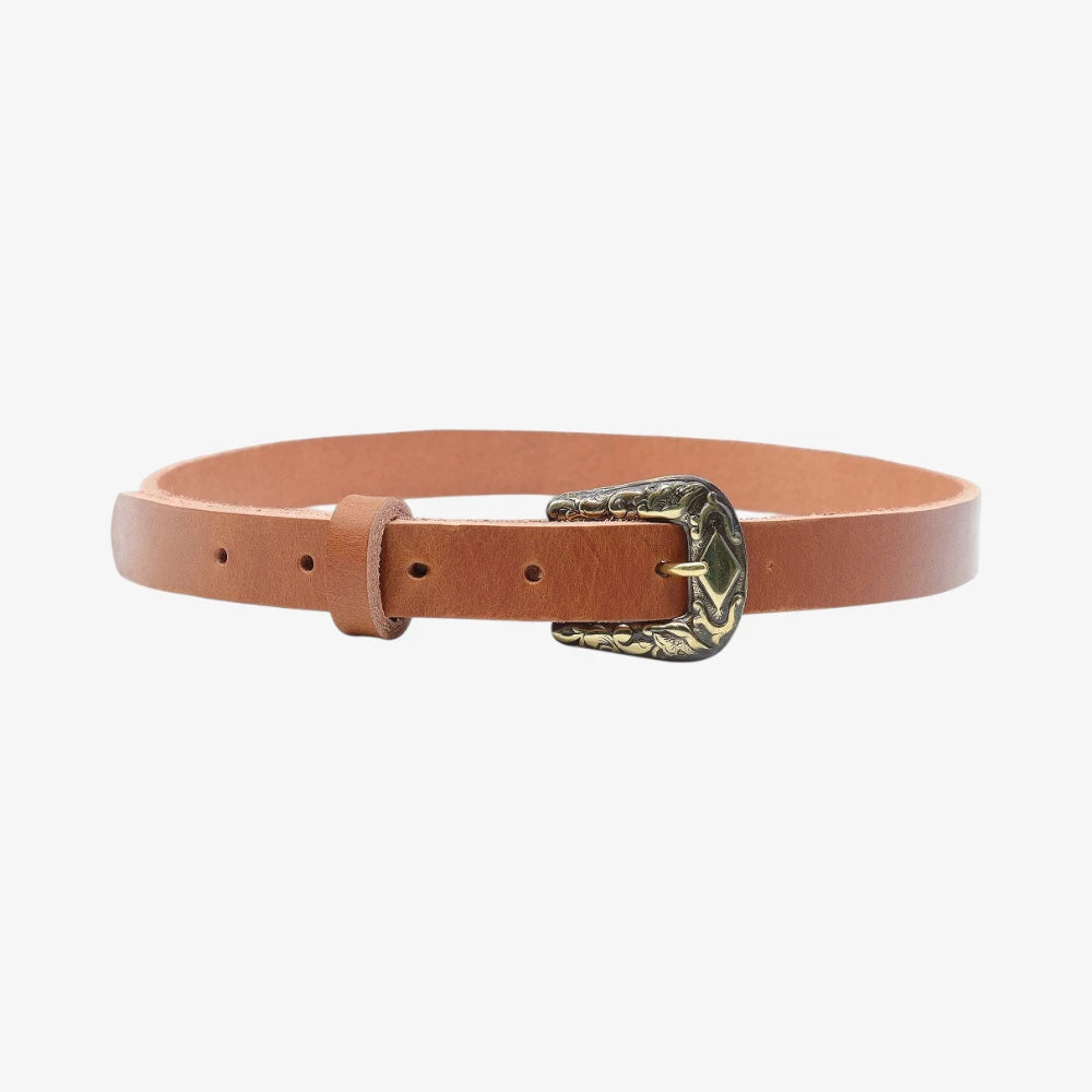 Full width view of Brown leather women slim belt antique brass horse buckle on a grey background