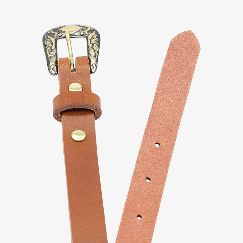 Top angle view of Brown leather women slim belt antique brass horse buckle on a grey background