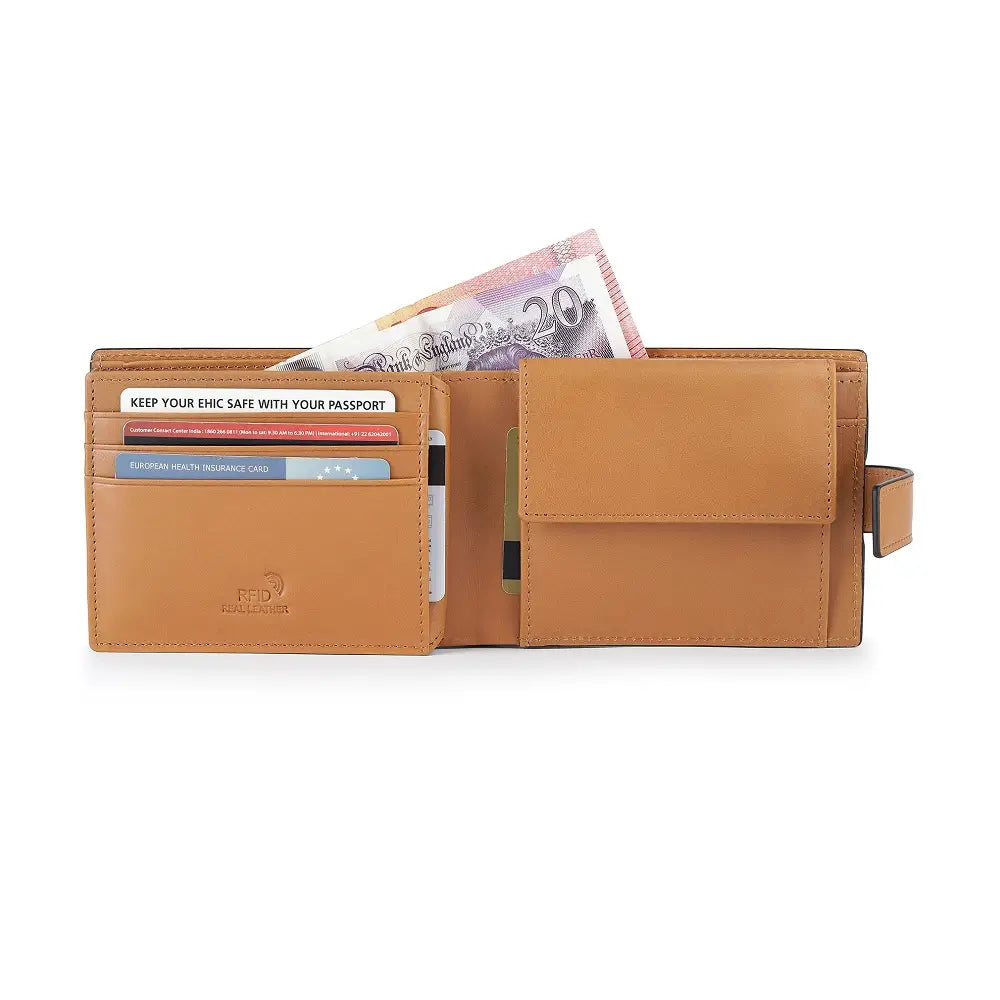 Organised view of  leather wallet with card slots and currency pocket on a white background