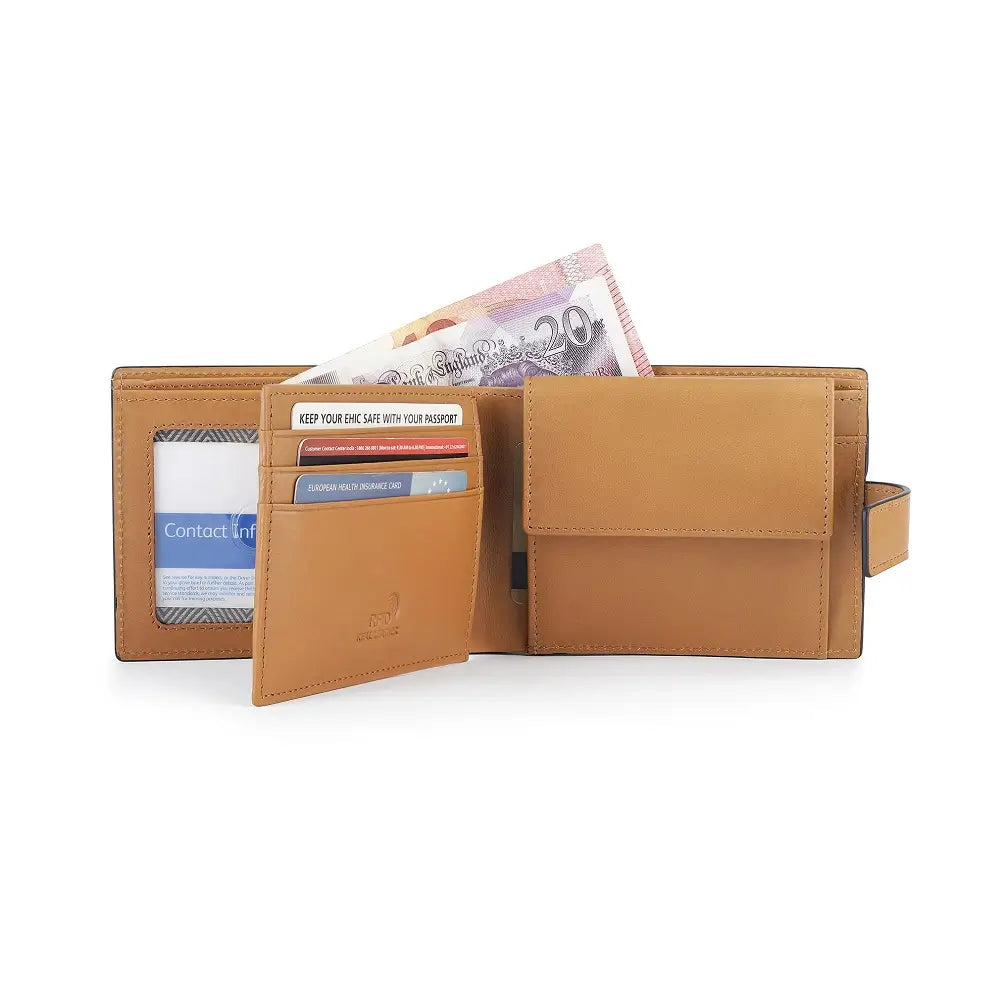 Open view of Tan leather wallet with money and cards on a white background