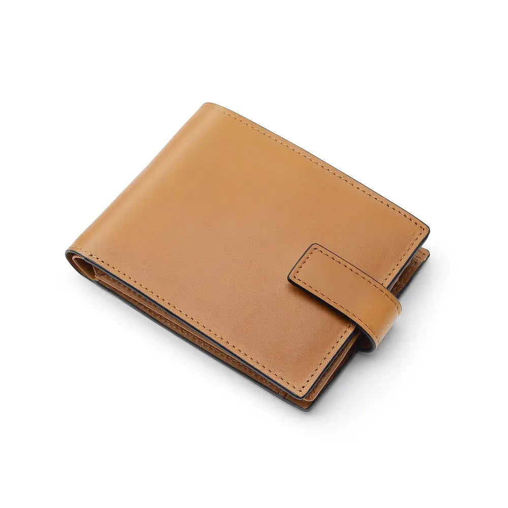 Top view of Tan leather wallet on a white background