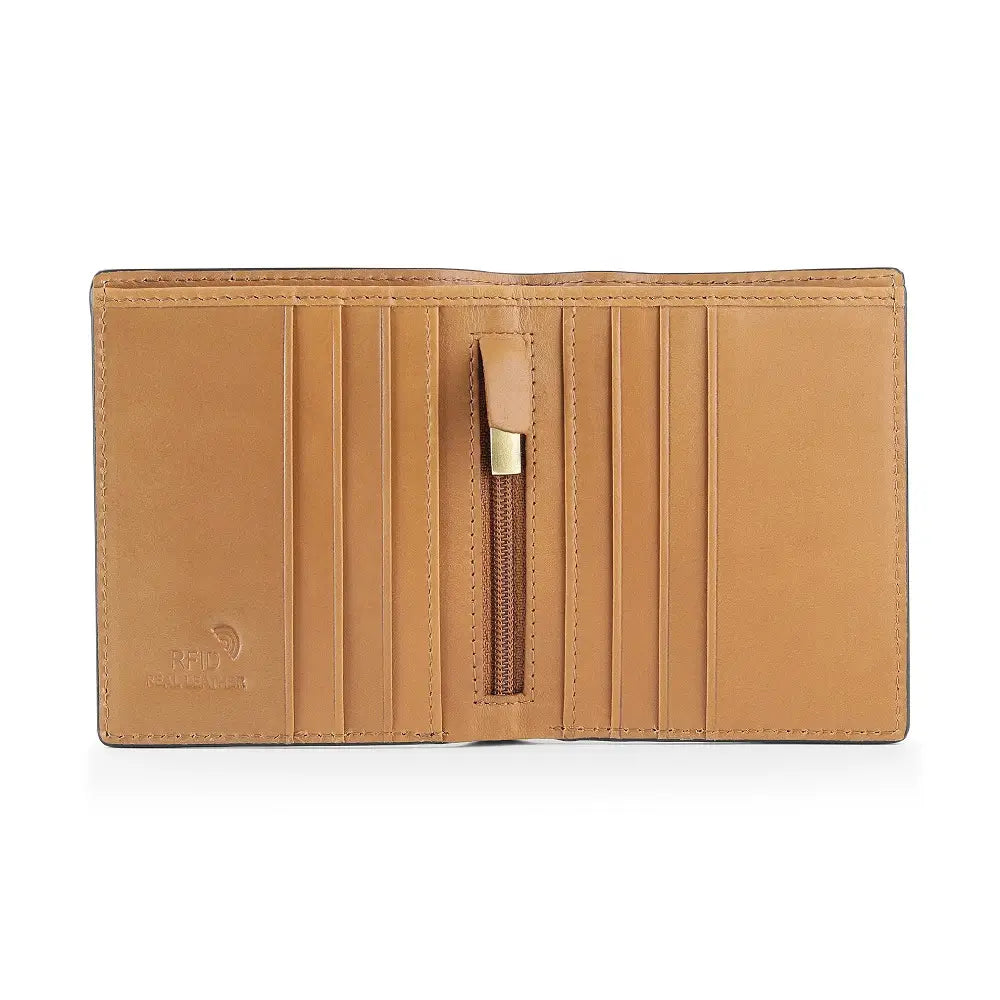 Open view of Tan leather wallet with a gold zipper on a white background