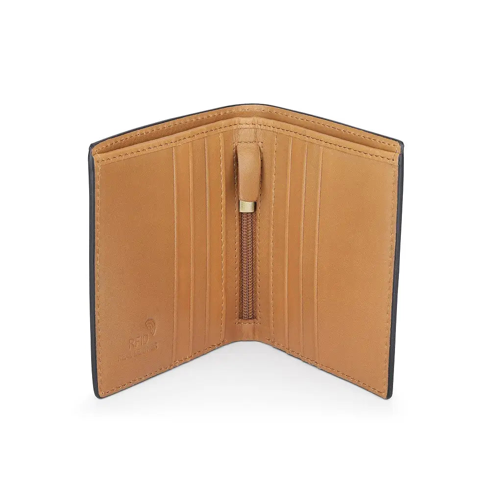 Tan leather wallet with a zipper on a white background