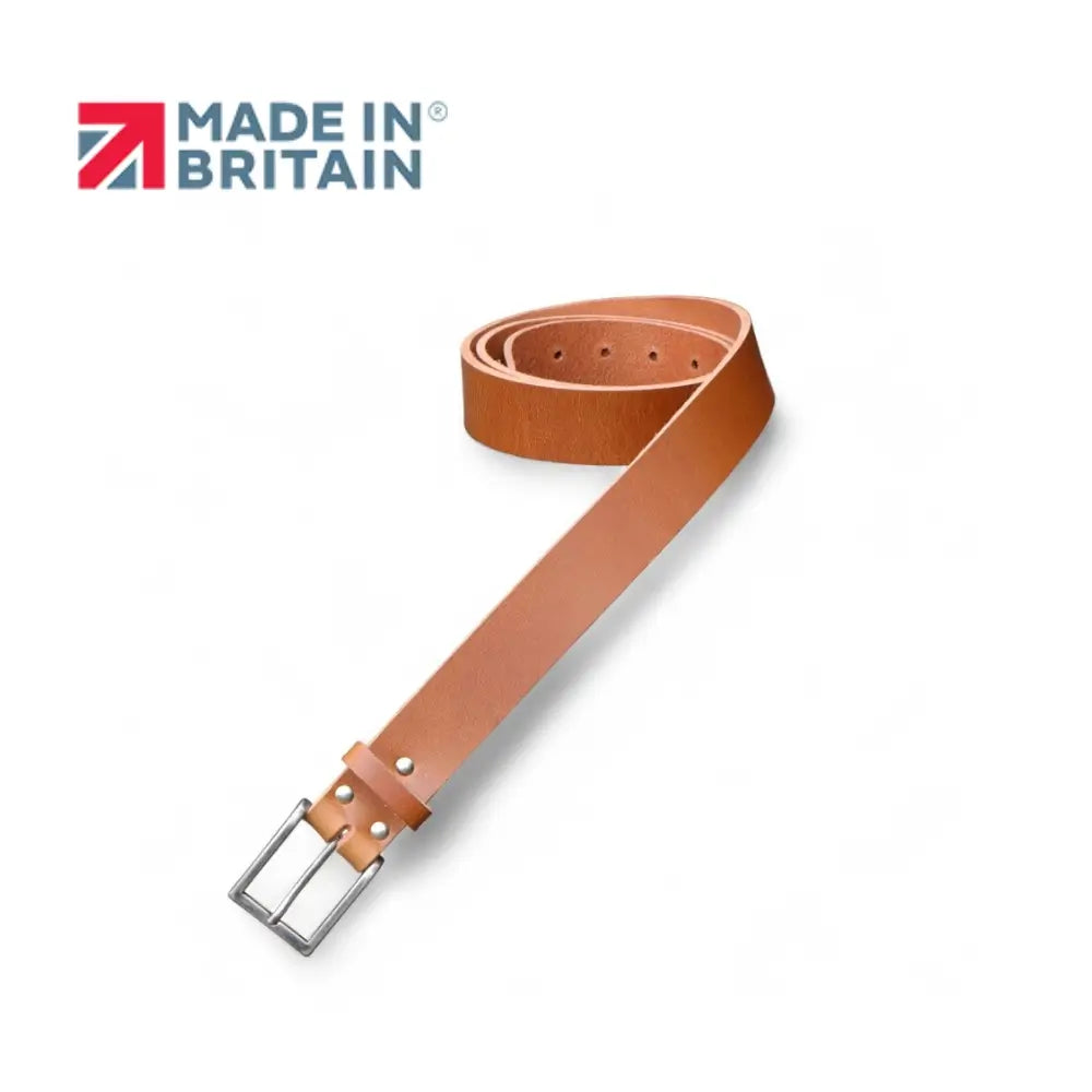 Tan leather belt with silver buckle on a white background, featuring 'Made in Britain' logo.