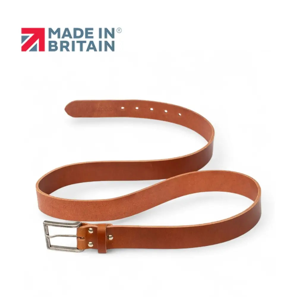 Tan leather belt with silver buckle on a white background, featuring 'Made in Britain' logo.