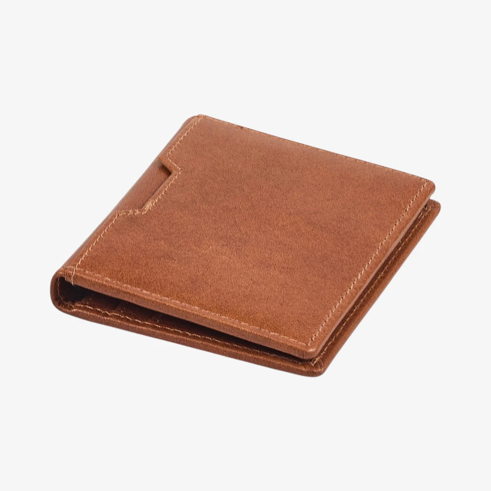Top view of Tan leather credit card holder on a white background