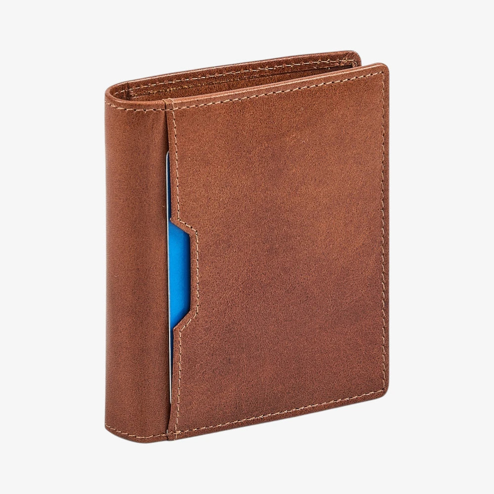 Tan leather wallet with a blue card holder on a white background
