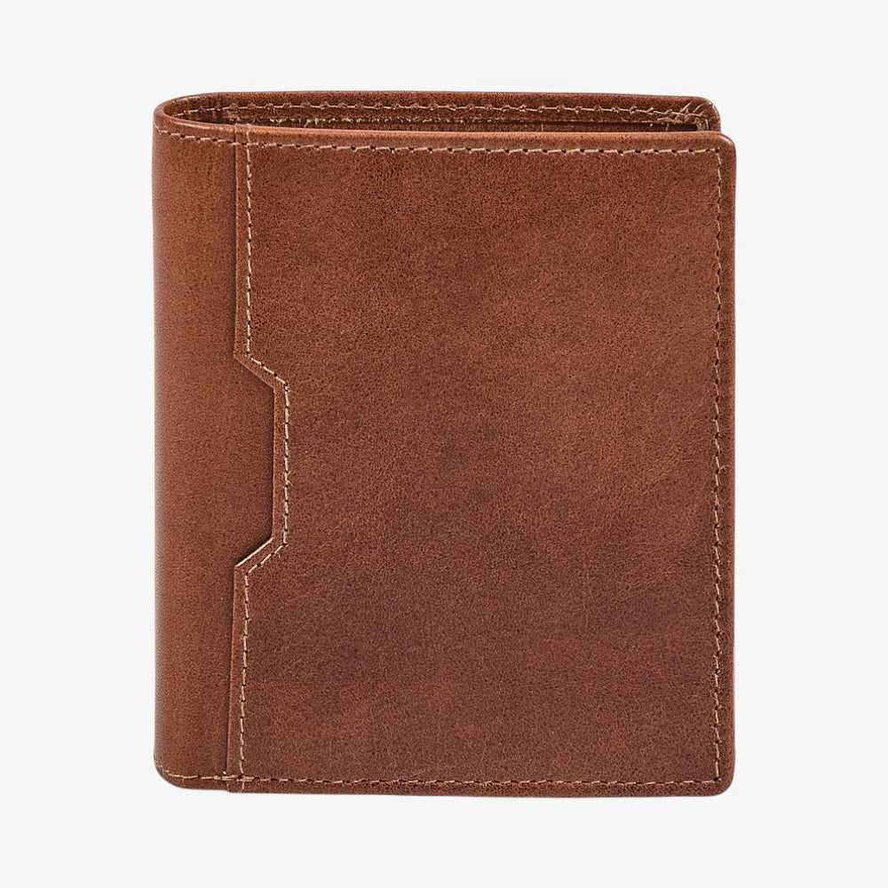 Front view of Tan leather wallet on a white background