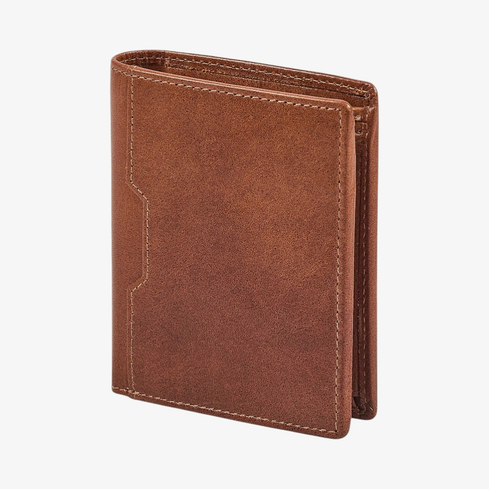 Side view of Tan leather wallet on a white background