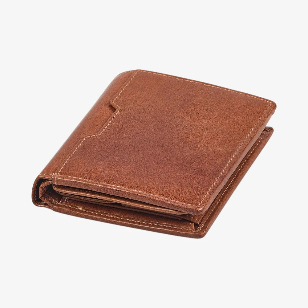 Top view of Tan leather wallet on a white background