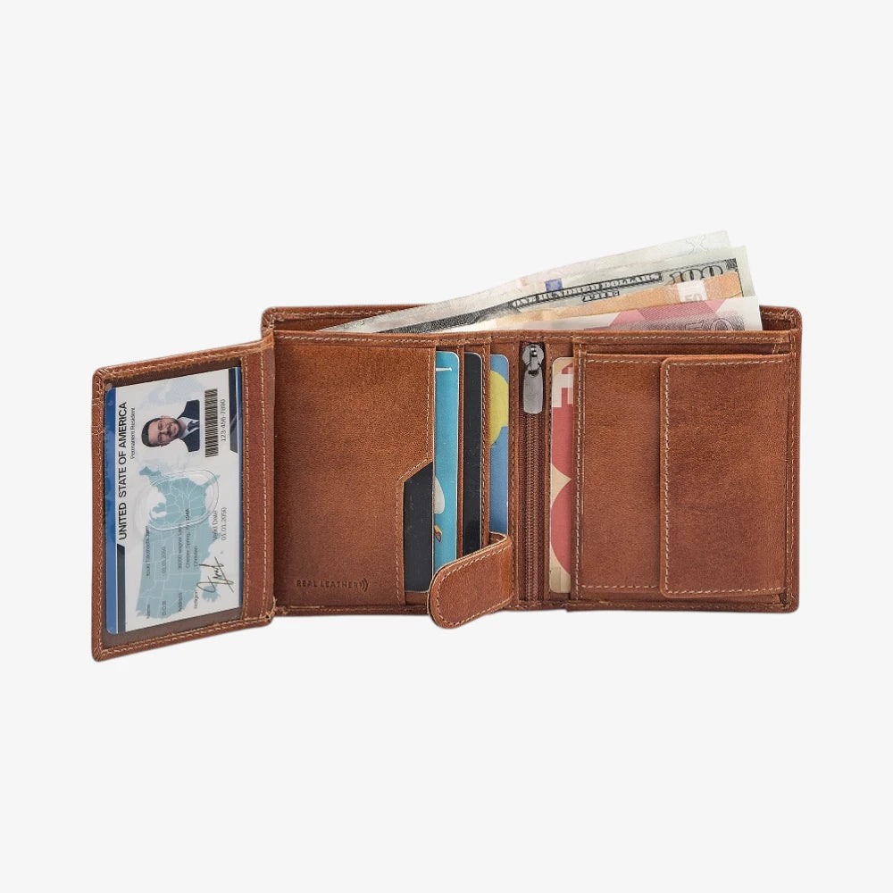 Tan leather wallet open to show cards and money on a white background