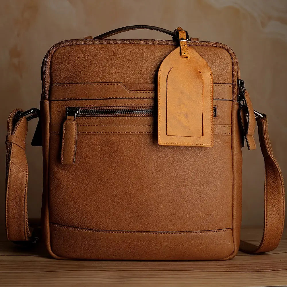 Tan leather luggage tag paired with a matching tan travel bag for coordinated luxury style.