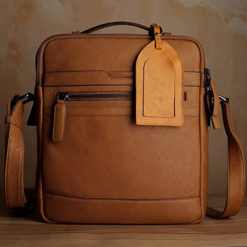 Tan leather luggage tag paired with a matching tan travel bag for coordinated luxury style.