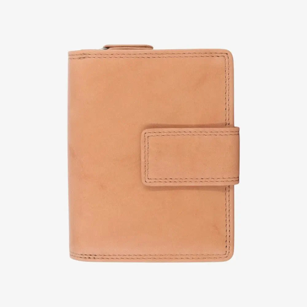 Front view of Tan leather purse on a white background