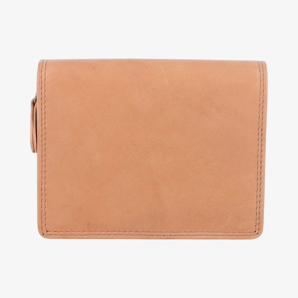 Back view of Tan leather purse on a white background