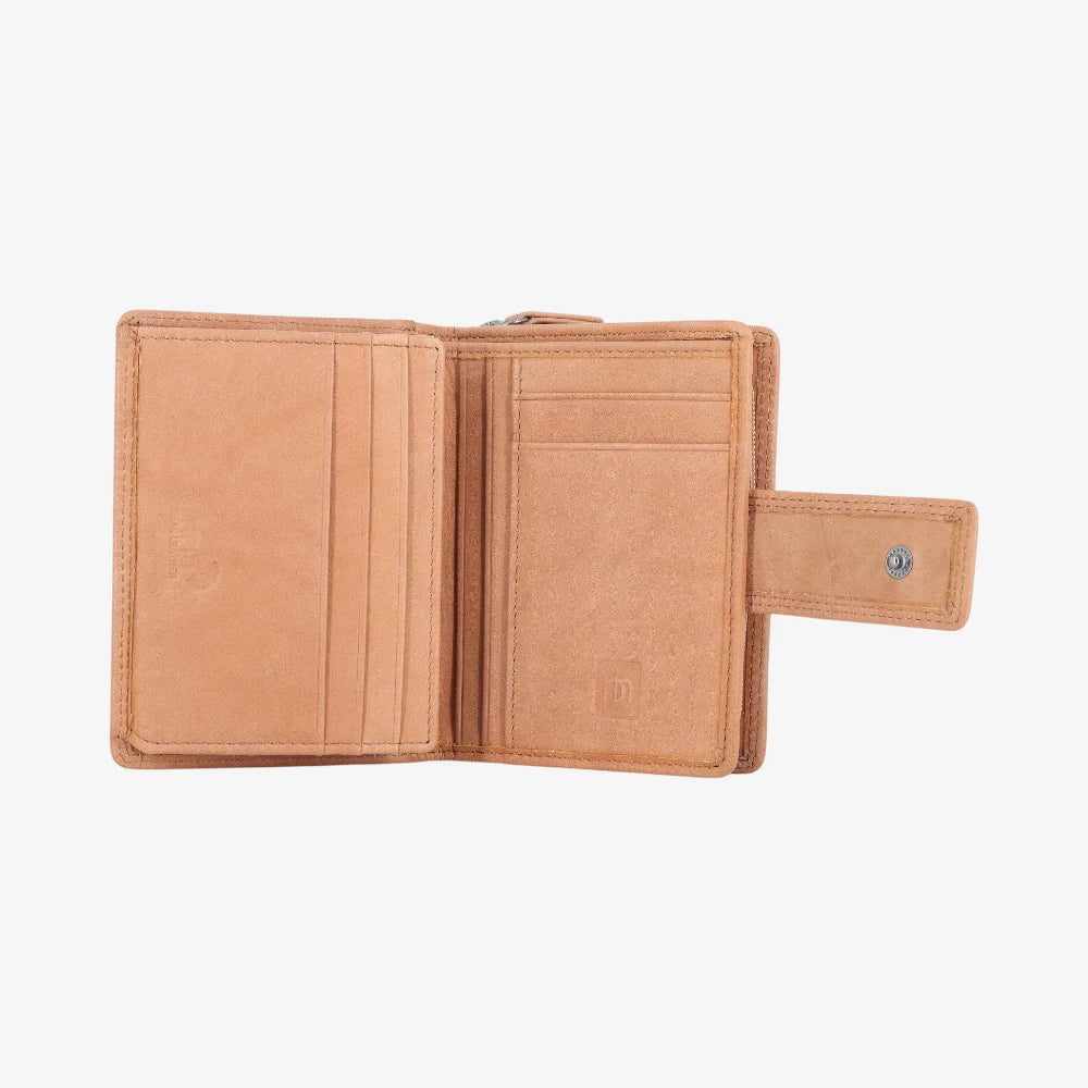 Tan leather purse open on a white background