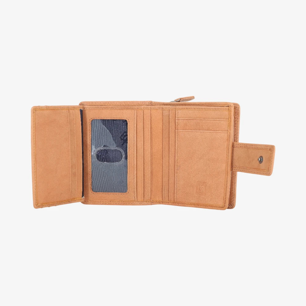 Tan leather purse open on a white background