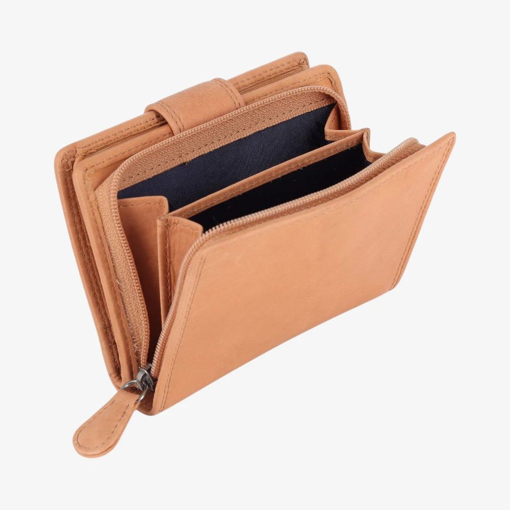 Tan leather purse on a white background