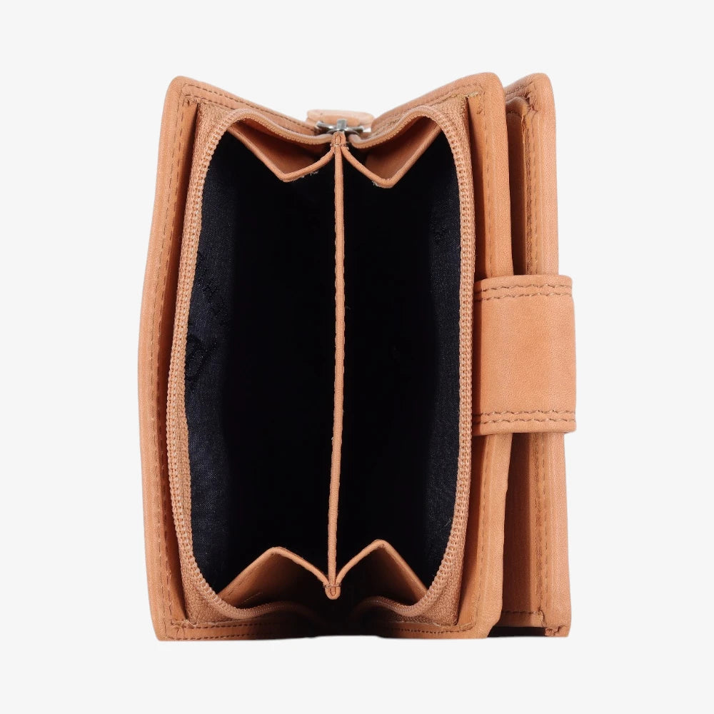 Tan leather purse open on a white background