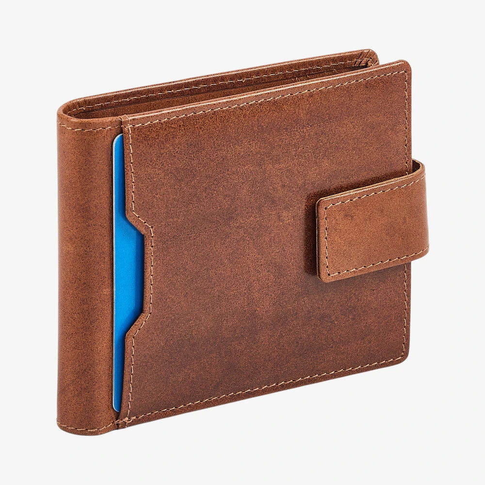 Tan leather wallet with a blue card holder on a white background