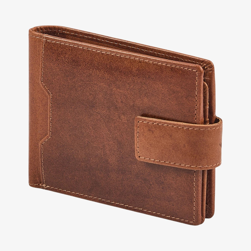 Side view of Tan  leather wallet on a white background
