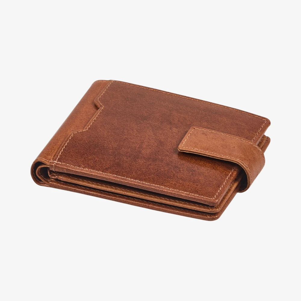 Top view of Tan  leather wallet  on a white background