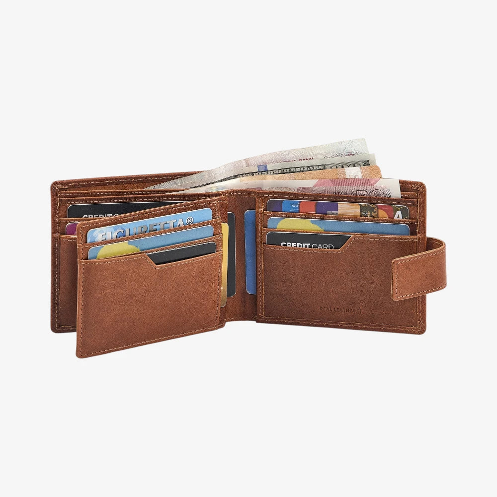Tan leather wallet with card slots and money compartment on a white background