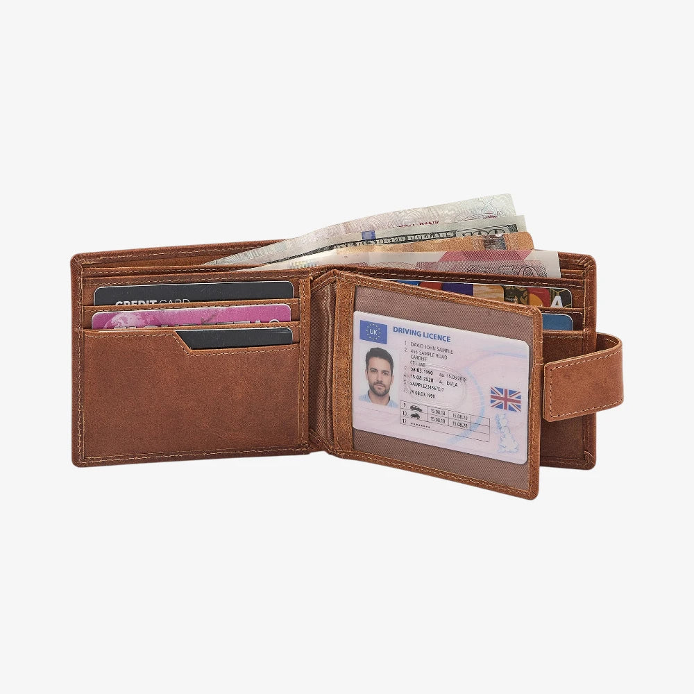 Tan leather wallet with various cards and a driving license on a white background