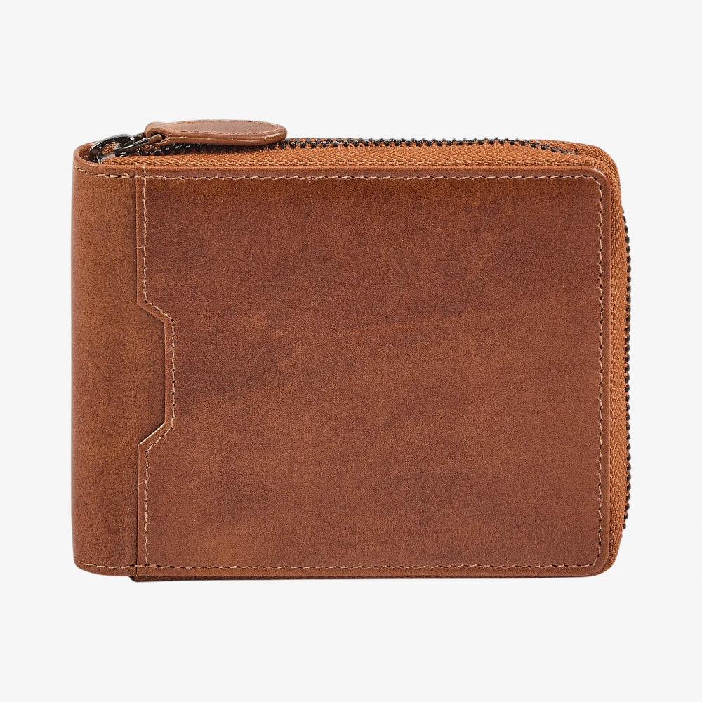 Front view of Tan leather wallet with a zipper on a white background