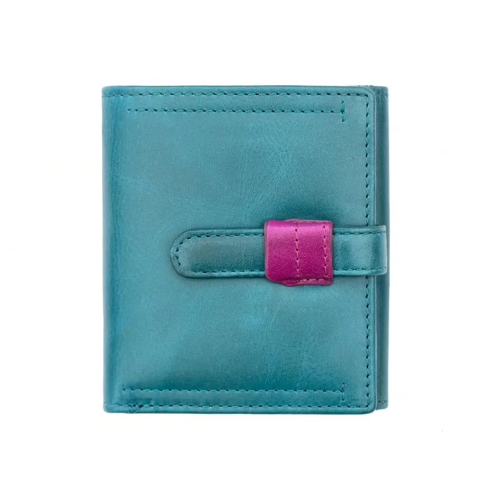 Front view of the Teal Leather Trifold Purse – Orchard, featuring a smooth chestnut finish and a secure loop-and-tab fastening.