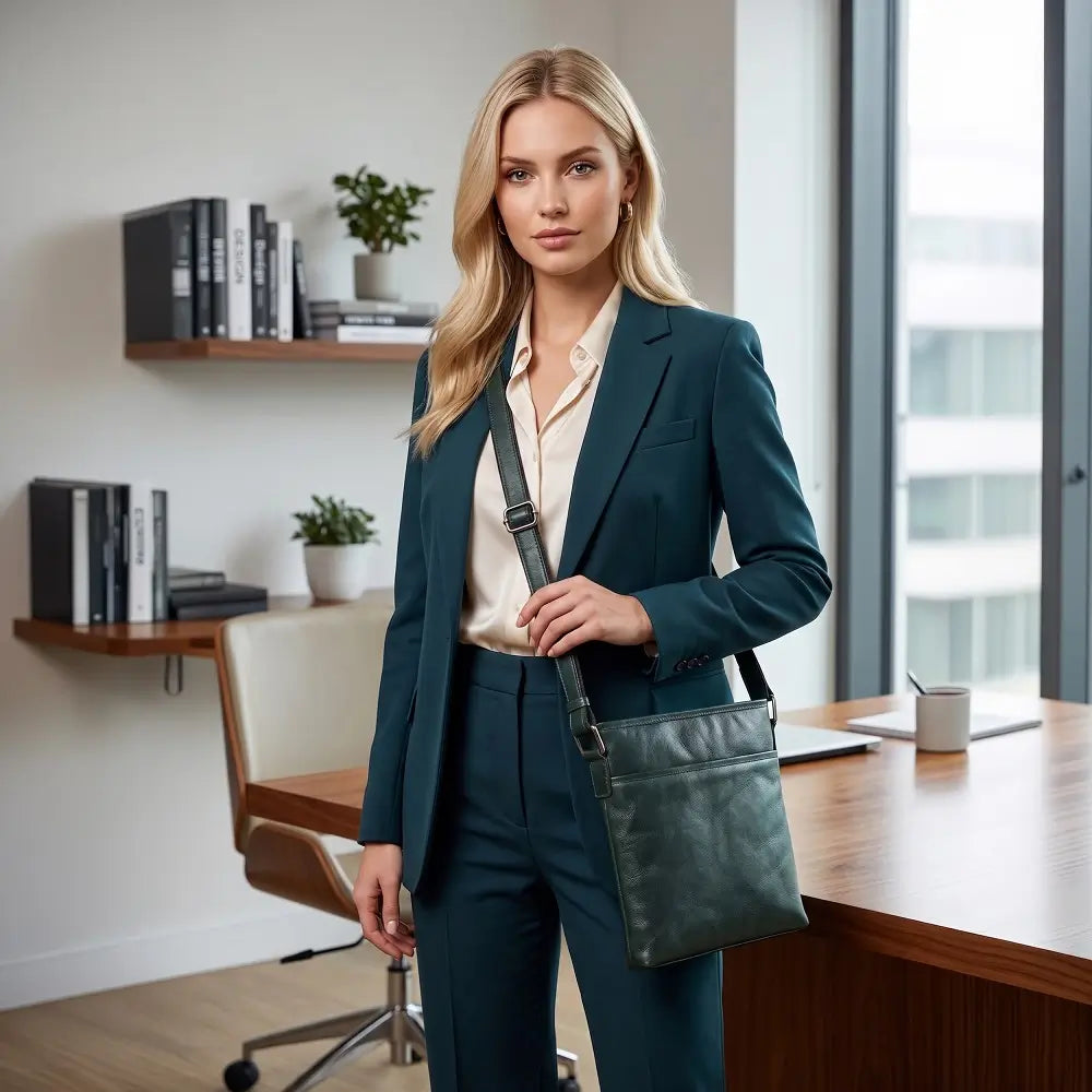 Woman in a teal suit holding a green bag in an office setting