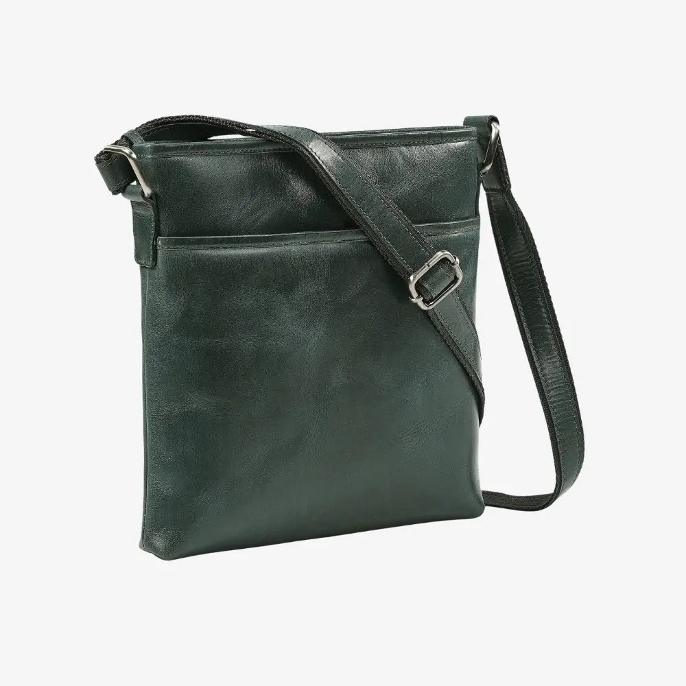 Teal leather crossbody bag on a light gray background