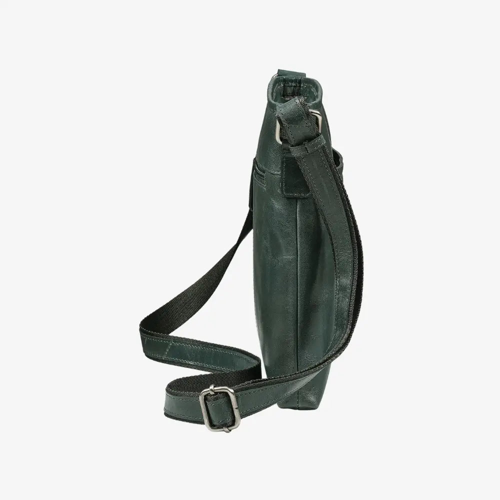 Teal leather crossbody bag on a white background