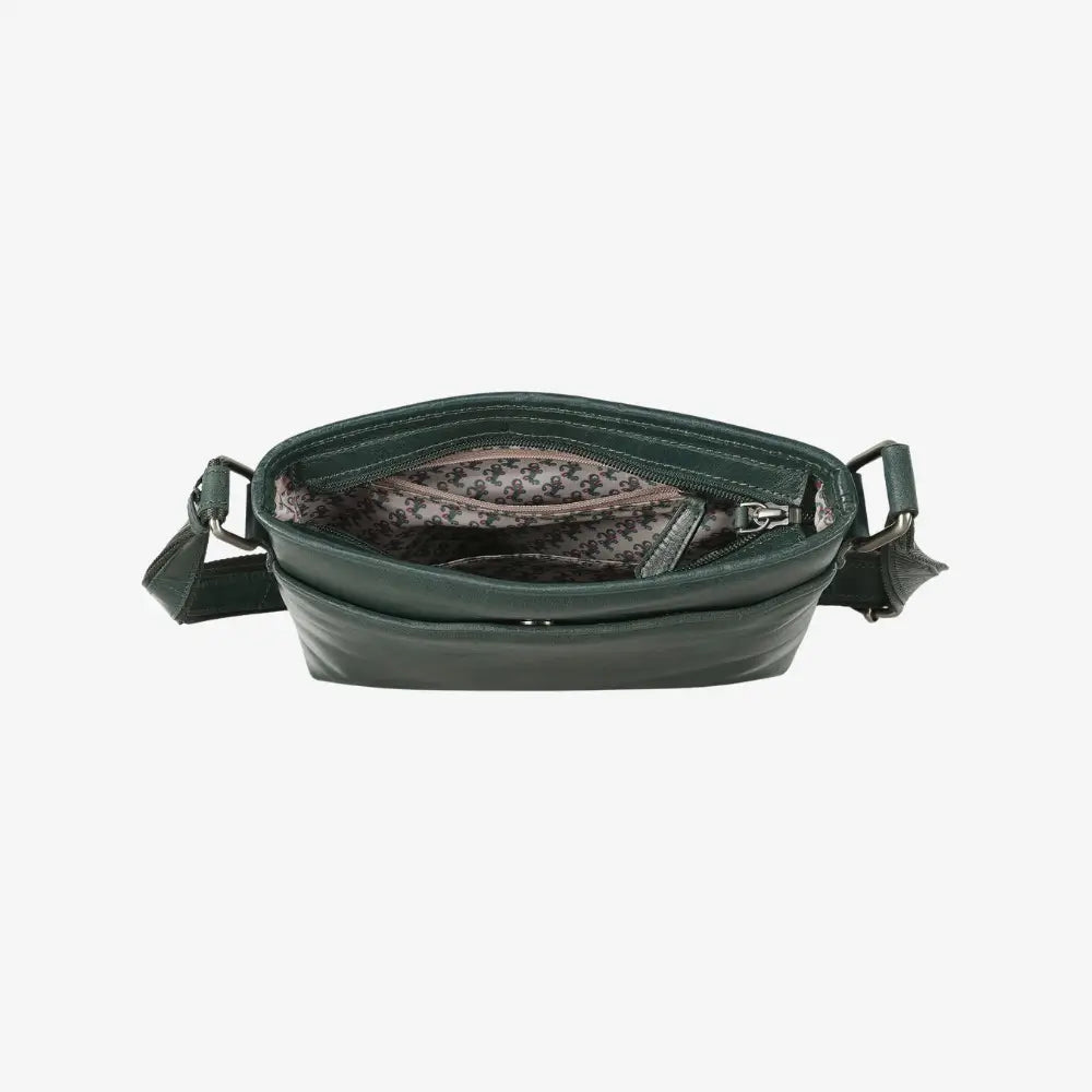 Teal leather crossbody handbag with organised storage  