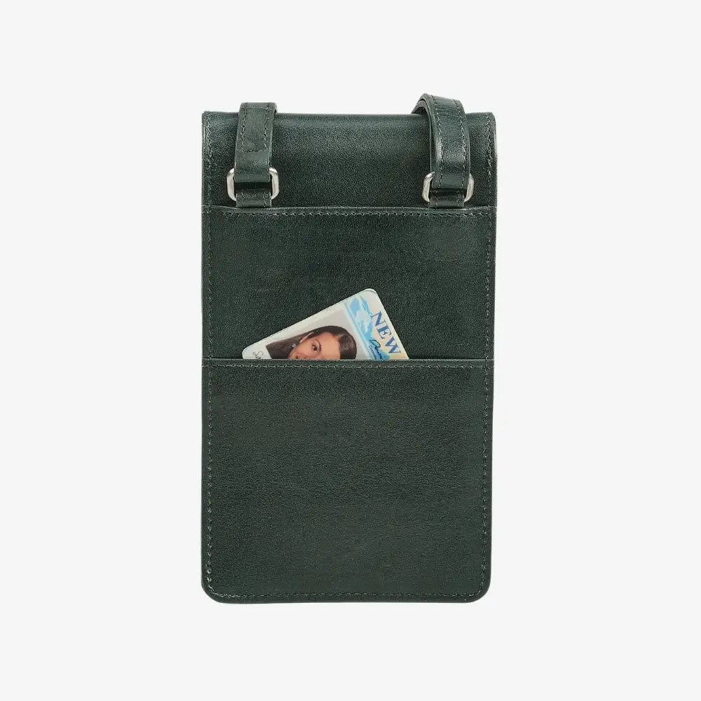 Teal leather phone pouch with a card pocket on a white background