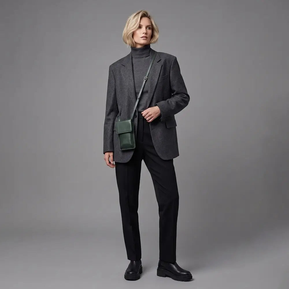 Person wearing a gray blazer and black pants with a tealbag against a gray background