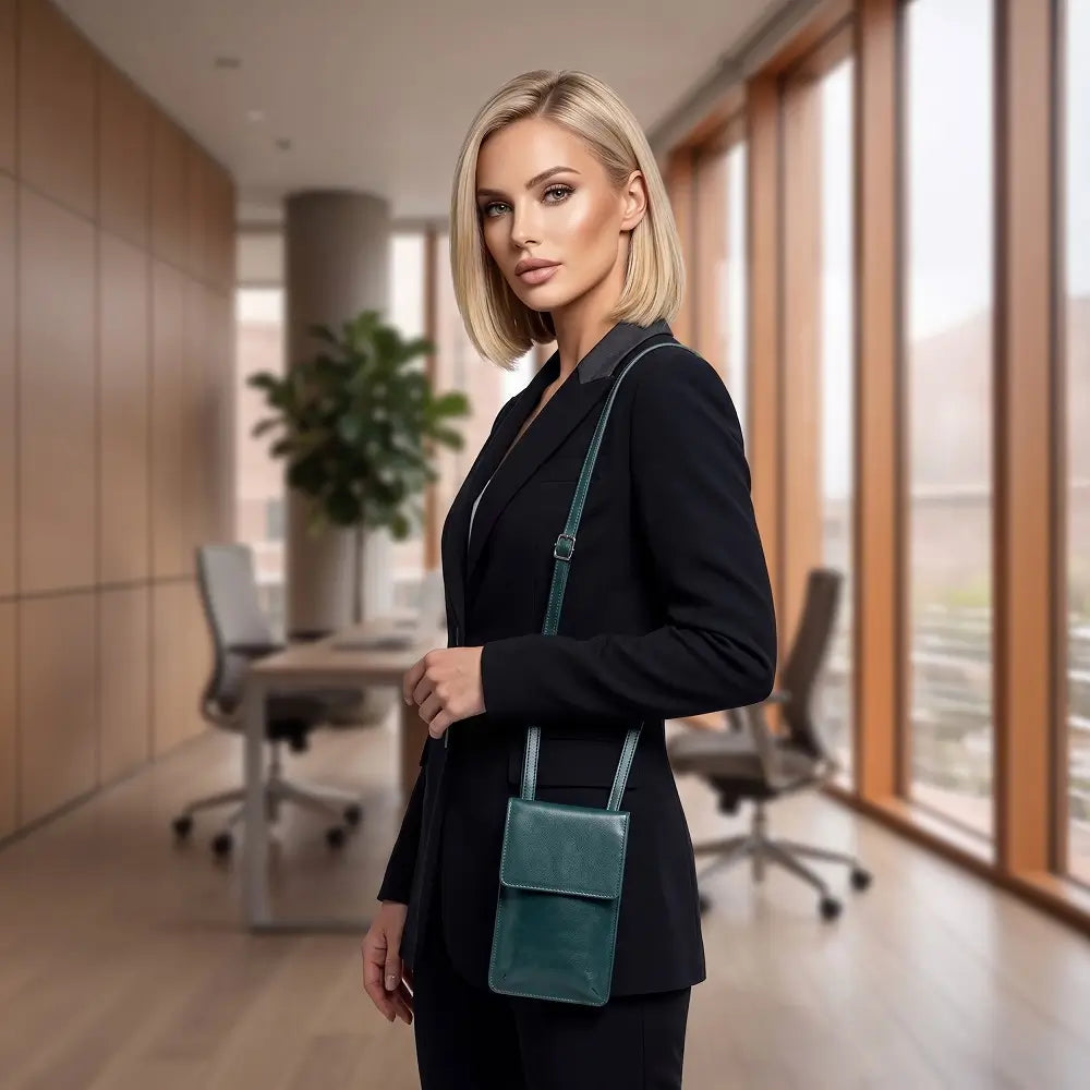 Woman holding a teal handbag in an office setting