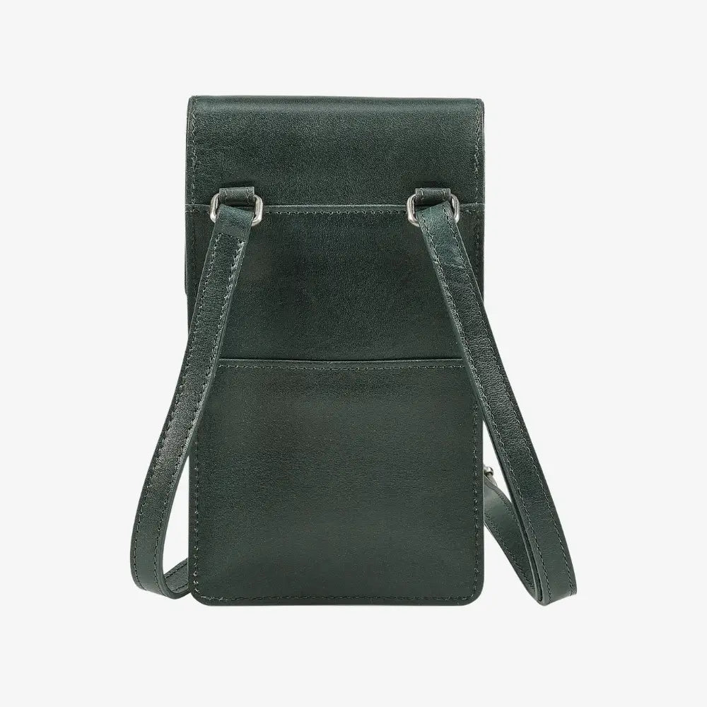 Compact teal leather phone holder bag with rear pocket