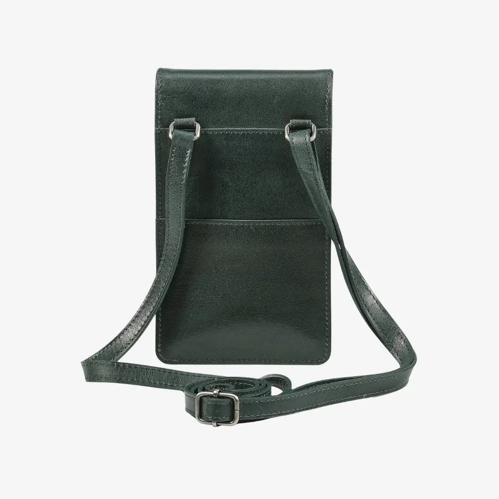 Compact teal leather phone holder bag with rear pocket